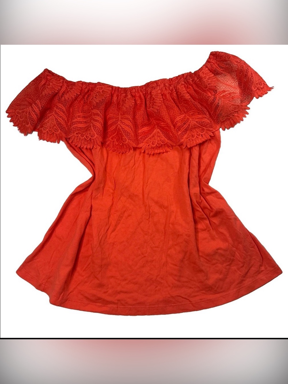 Off The Shoulder Ruffle Lace Neckline Top Coral